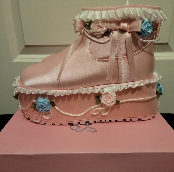 Sugar Thrillz Pink Satin Fugg Boots With Cake Style Decor - Picture 4 of 7